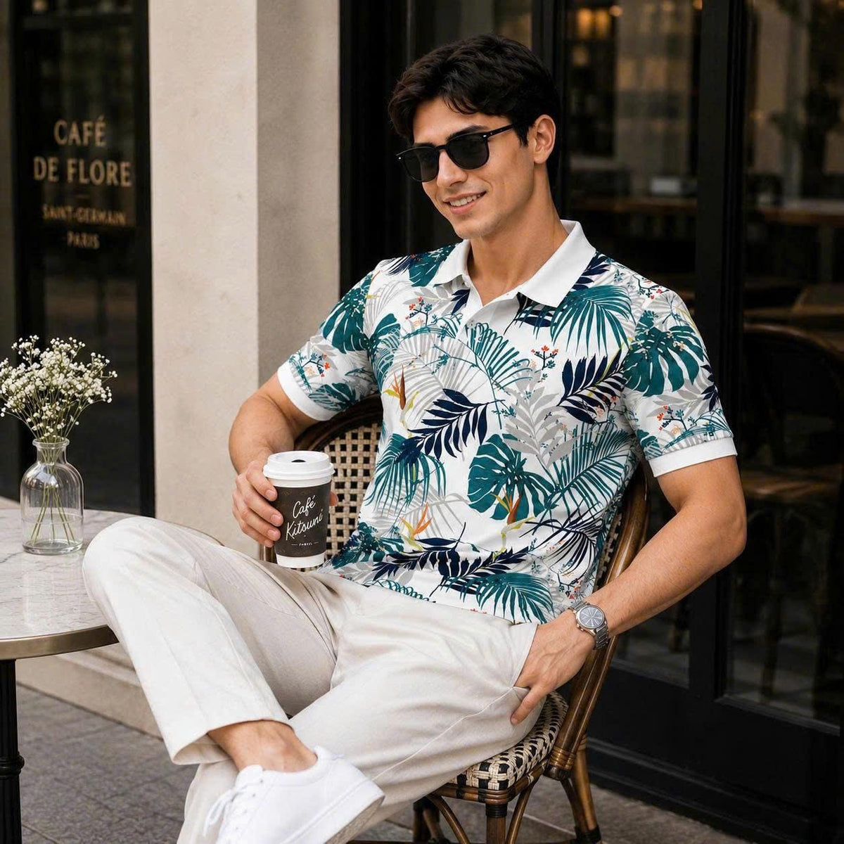 Tropical Leaf Print Polo Shirt, Botanical Pattern, Summer Vacation Top