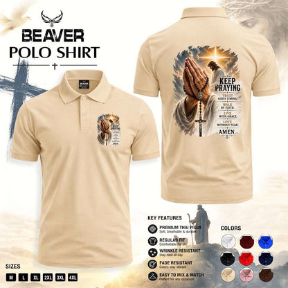Keep Praying Christian Polo Shirt, Jesus Prayer Cross Graphic, Religious Church & Casual Wear