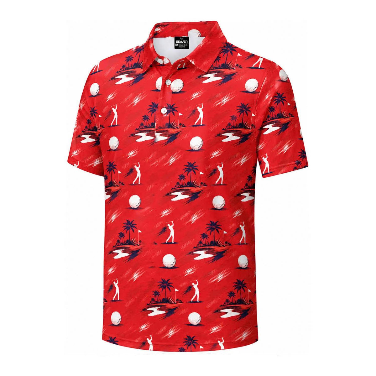 Men's Tropical Golf Polo Shirt – Red Palm Tree & Golfer Print Athletic Apparel