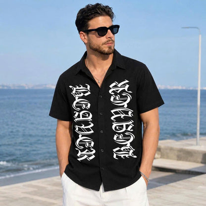 Gothic Letter Graphic Shirt, Bold Old English Typography, Casual Short Sleeve Button Up Shirt