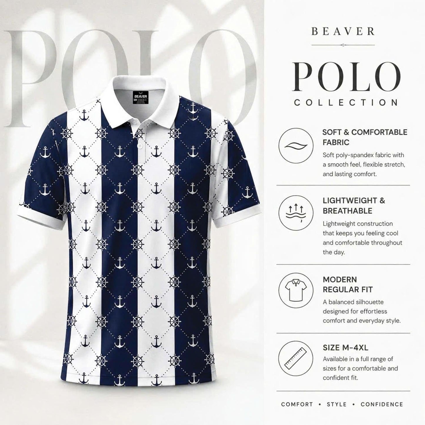 Men’s Nautical Anchor & Helm Polo Shirt – Navy Stripes, Coastal Vibes, Summer Casual Style