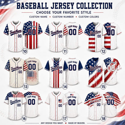 Custom American Flag Baseball Jersey, Personalized Team Name Number, Patriotic USA 4th July