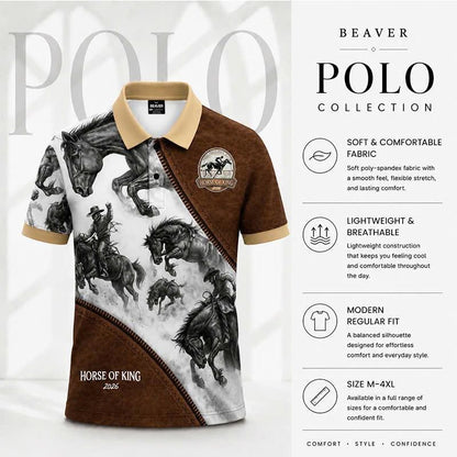Wild Horse Western Polo Shirt, Cowboy Riding Print, Casual Short Sleeve Collared Shirt