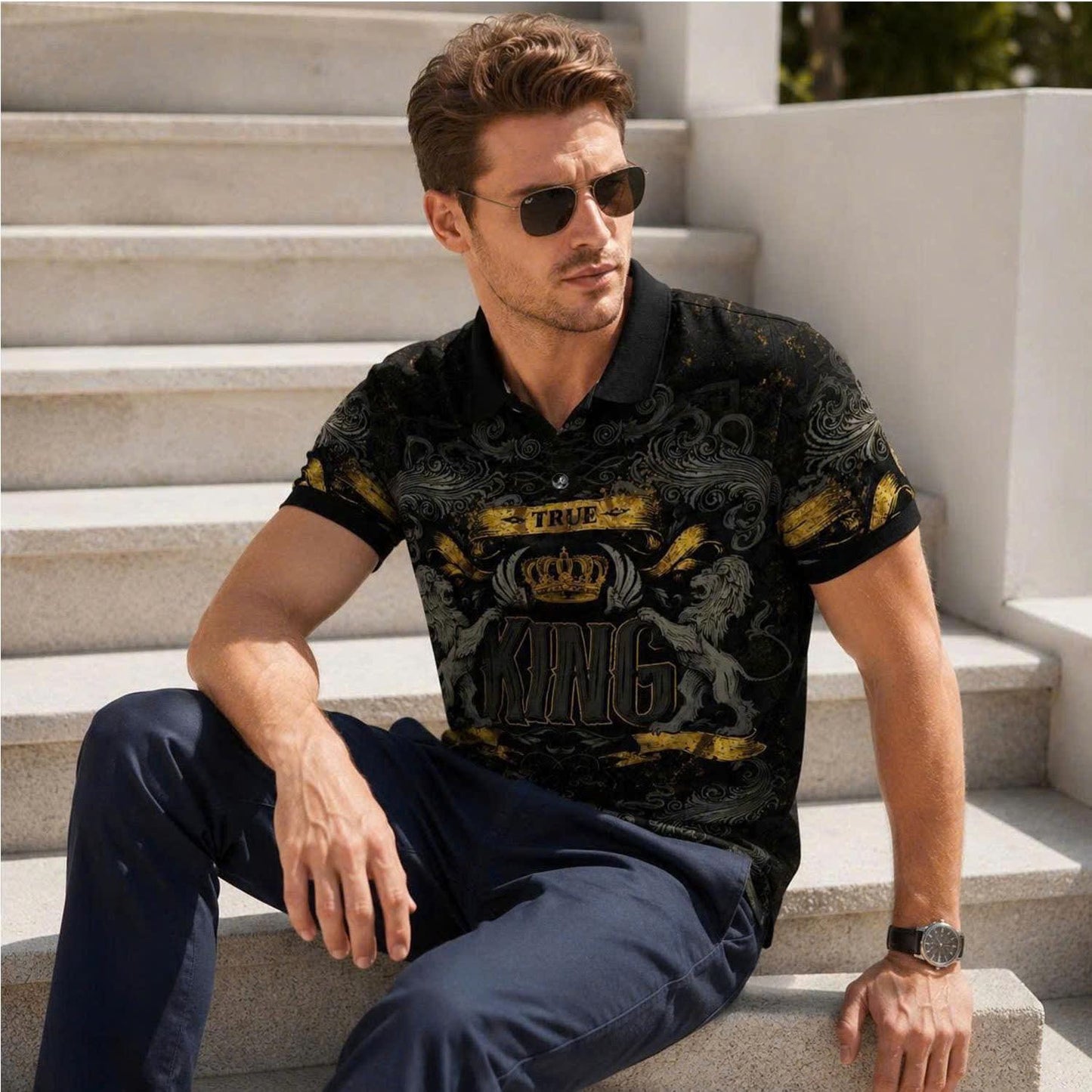 Men's King Lion Crown Polo Shirt – Bold Royal Design, Comfortable Fit, Statement Streetwear