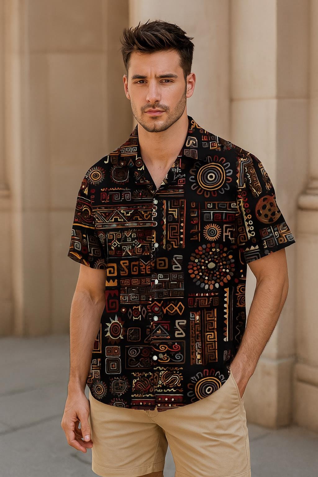 Colorful Geometric Aztec Shirt, Short Sleeve Button Up, Unisex Casual Beach & Vacation Shirt