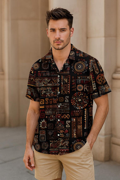 Colorful Geometric Aztec Shirt, Short Sleeve Button Up, Unisex Casual Beach & Vacation Shirt