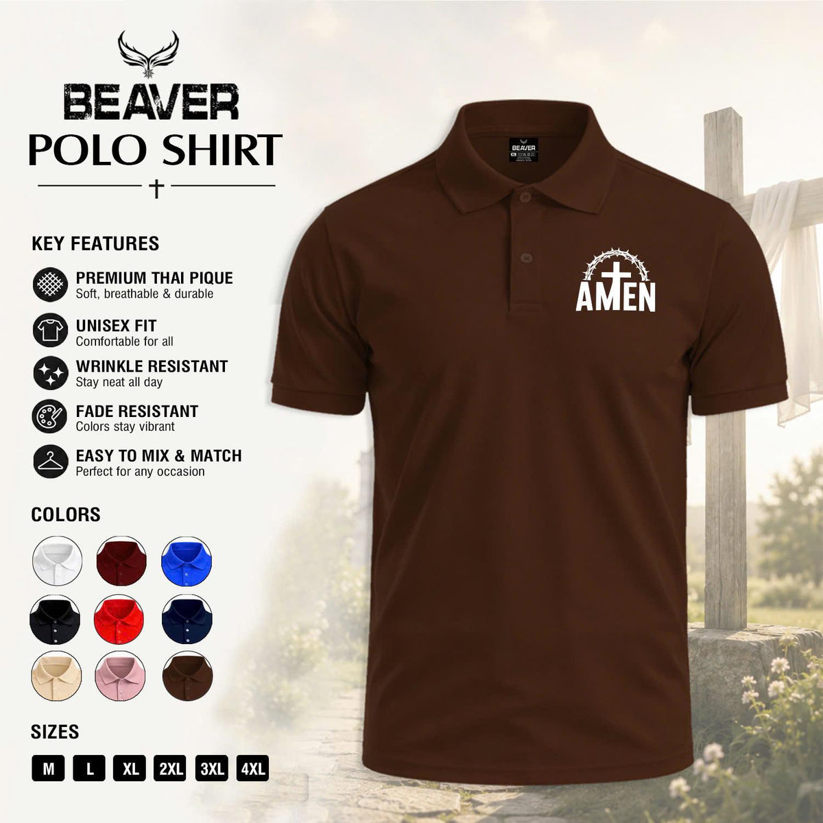 Amen Cross Graphic Polo Shirt, Crown of Thorns Design, Men's Casual Short Sleeve Top