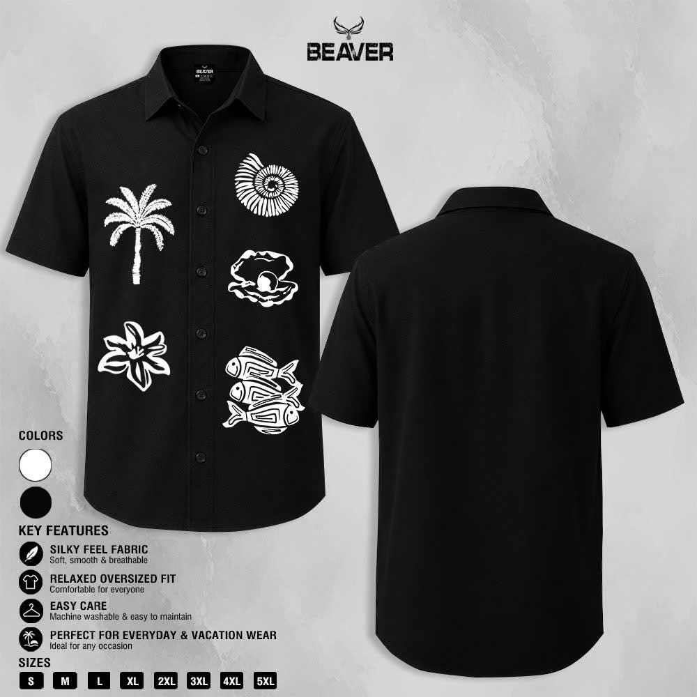 Tropical Ocean Graphic Shirt, Palm Tree Seashell Fish Print, Casual Short Sleeve Button Up