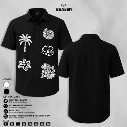 Tropical Ocean Graphic Shirt, Palm Tree Seashell Fish Print, Casual Short Sleeve Button Up