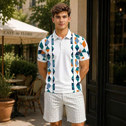 Men's Modern Polo Shirt, Abstract Triangle Print, Summer Outfit