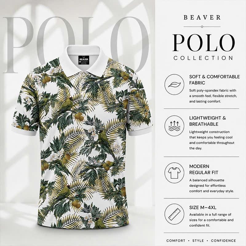 Botanical Garden Polo Shirt, Palm Leaf & Bird Print, Casual Short Sleeve Collared Shirt
