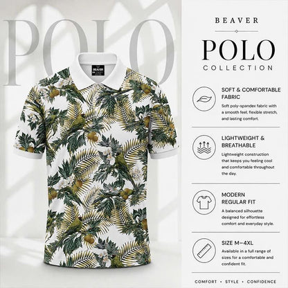 Botanical Garden Polo Shirt, Palm Leaf & Bird Print, Casual Short Sleeve Collared Shirt