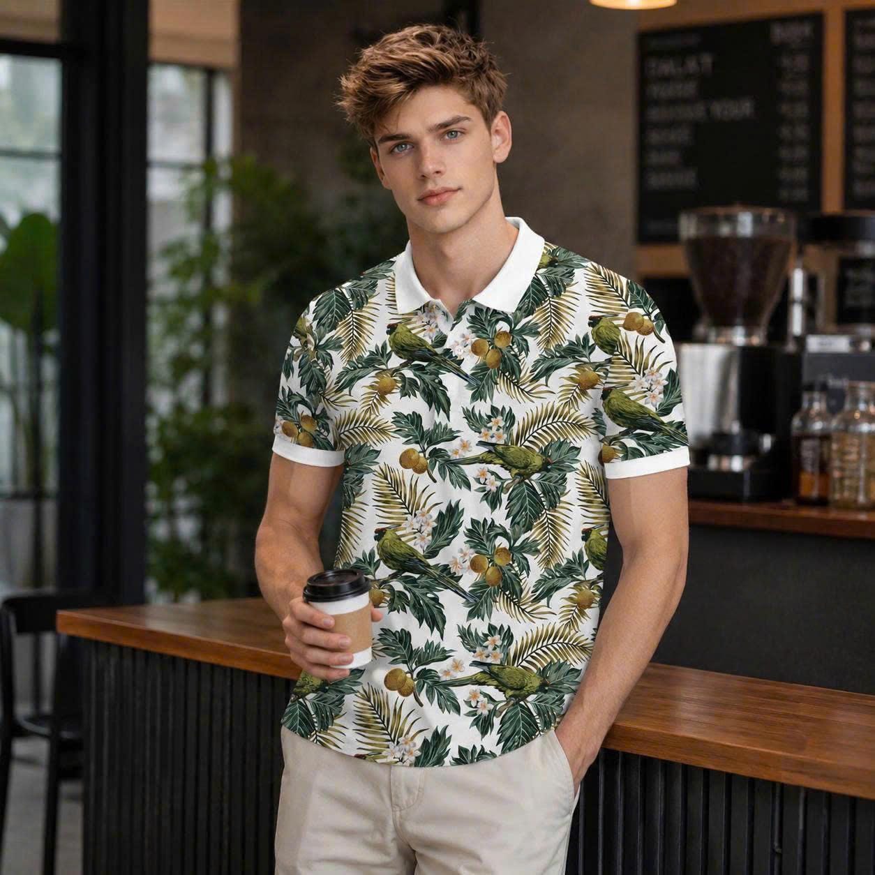 Botanical Garden Polo Shirt, Palm Leaf & Bird Print, Casual Short Sleeve Collared Shirt