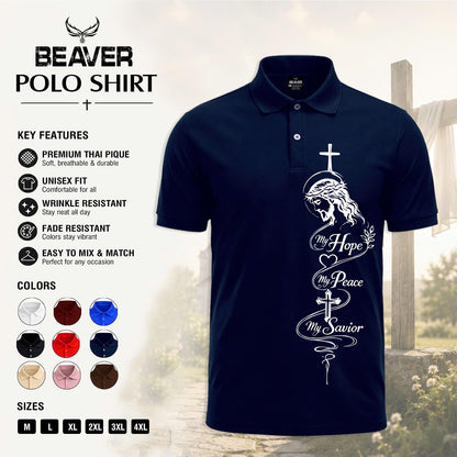 Hope Peace Savior Cross Graphic Polo Shirt, Men's Casual Short Sleeve Top, Christian Design