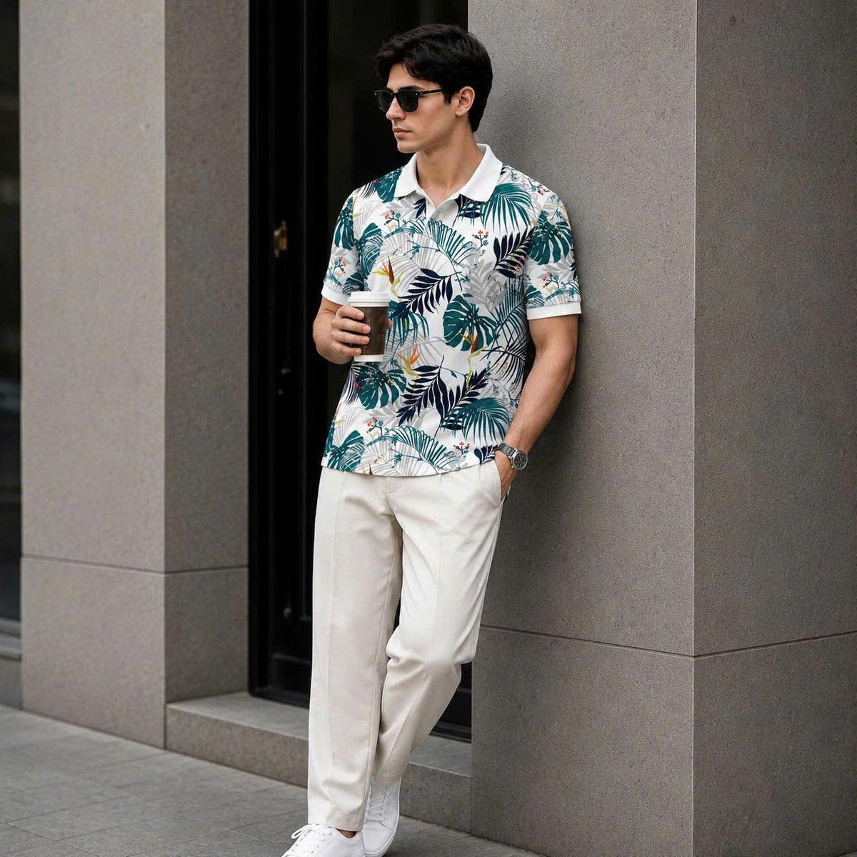 Tropical Leaf Print Polo Shirt, Botanical Pattern, Summer Vacation Top
