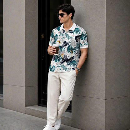 Tropical Leaf Print Polo Shirt, Botanical Pattern, Summer Vacation Top
