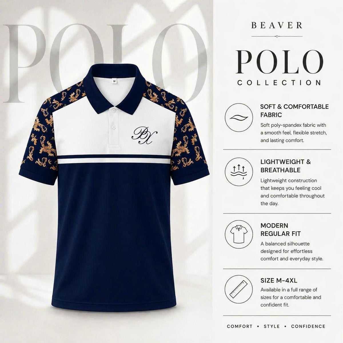 Men's Baroque Polo Shirt, Navy White Color Block Polo, Luxury Ornamental Print Top