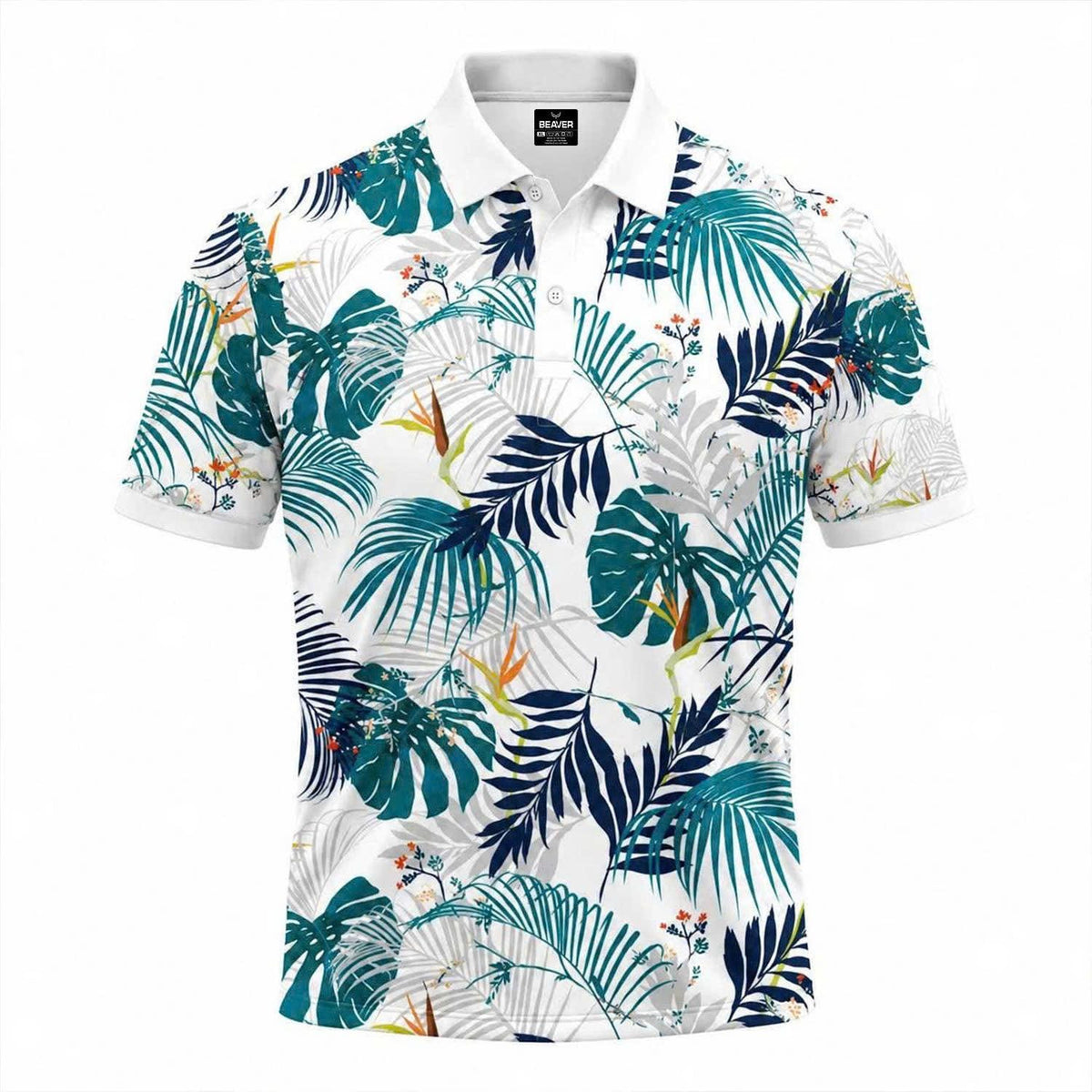 Tropical Leaf Print Polo Shirt, Botanical Pattern, Summer Vacation Top