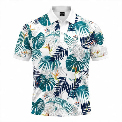 Tropical Leaf Print Polo Shirt, Botanical Pattern, Summer Vacation Top