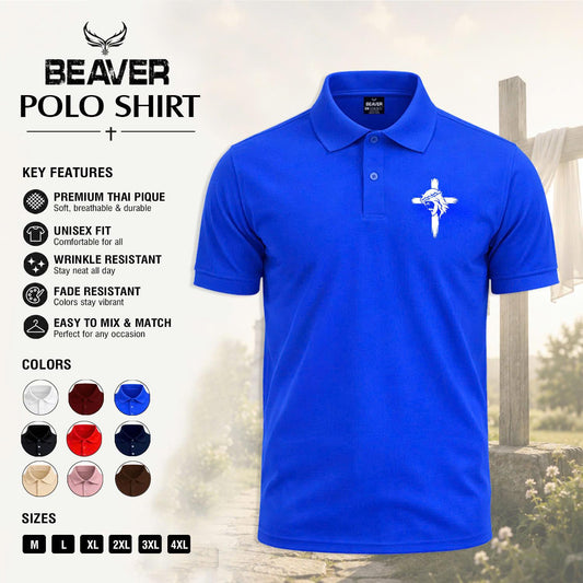 Cross Portrait Graphic Polo Shirt, Vintage Cross Design, Men's Casual Short Sleeve Top
