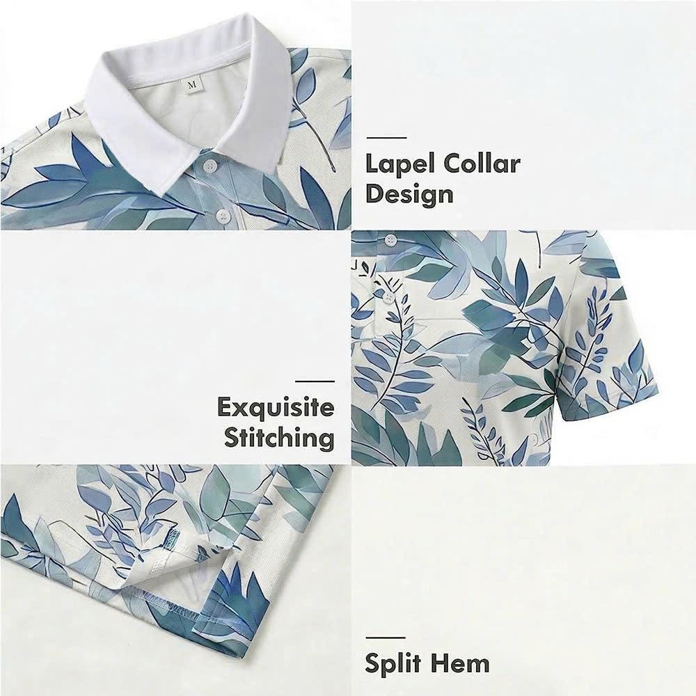 Men’s Athletic Golf Polo 16 – Watercolor Blue Leaf Pattern Polo Shirt