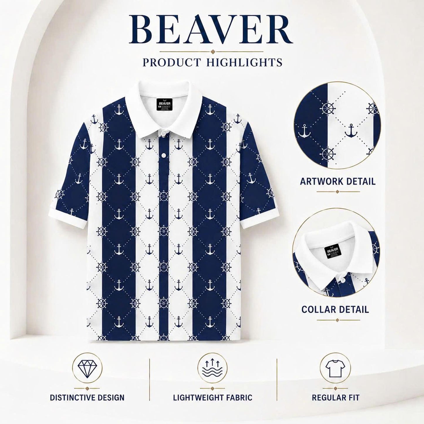 Men’s Nautical Anchor & Helm Polo Shirt – Navy Stripes, Coastal Vibes, Summer Casual Style