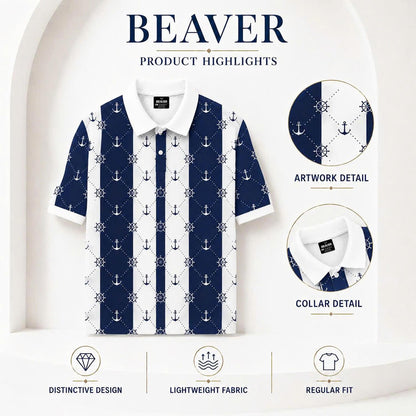 Men’s Nautical Anchor & Helm Polo Shirt – Navy Stripes, Coastal Vibes, Summer Casual Style