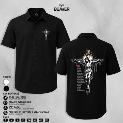 Crucifix Faith Graphic Button-Up Shirt, Religious Cross Print, Unisex Short Sleeve Shirt, Christian Gift