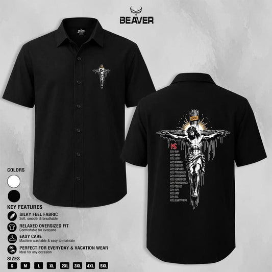 Crucifix Faith Graphic Button-Up Shirt, Religious Cross Print, Unisex Short Sleeve Shirt, Christian Gift