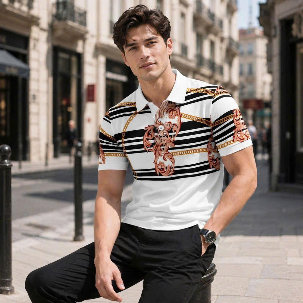 Vintage Baroque Chain Polo Shirt, Luxury Stripe Pattern, Unisex Fashion Top