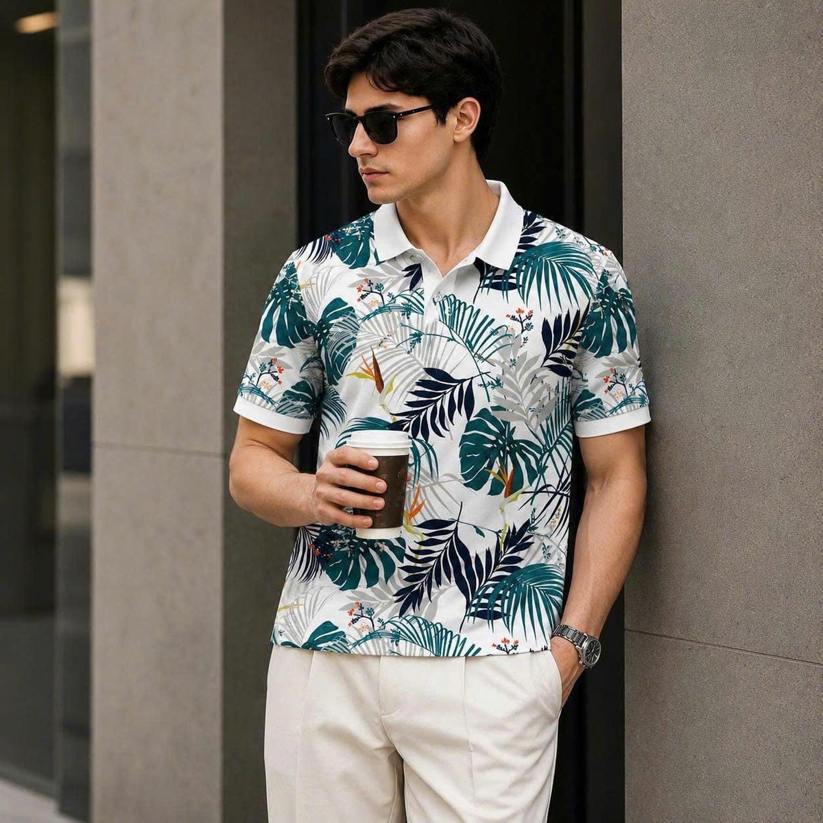 Tropical Leaf Print Polo Shirt, Botanical Pattern, Summer Vacation Top