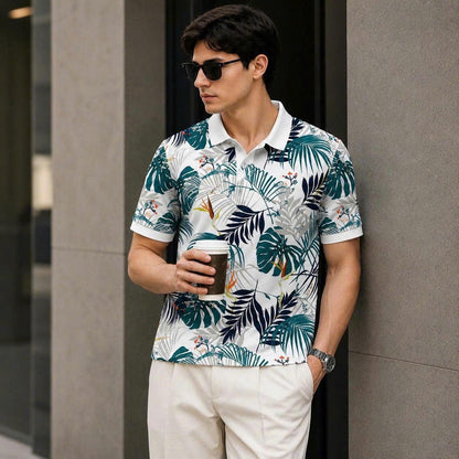 Tropical Leaf Print Polo Shirt, Botanical Pattern, Summer Vacation Top