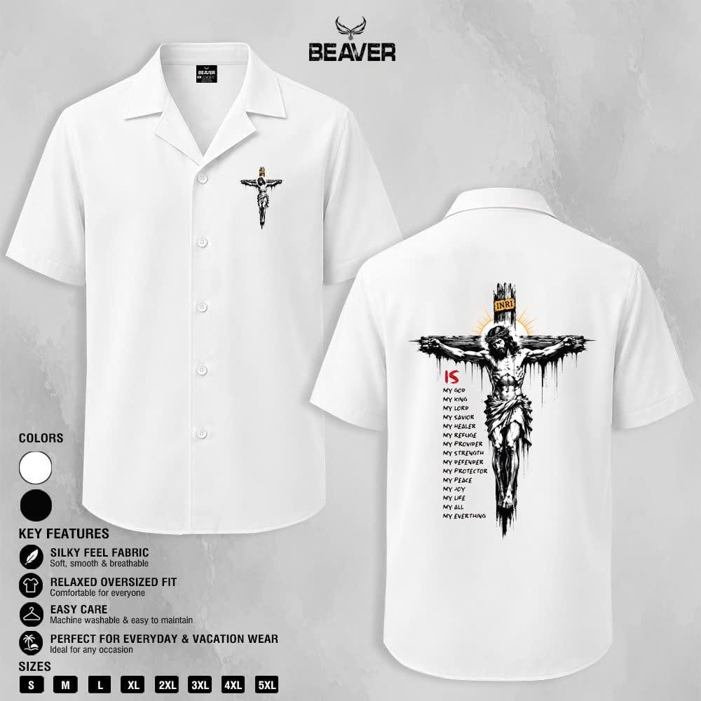 Crucifix Faith Graphic Button-Up Shirt, Religious Cross Print, Unisex Short Sleeve Shirt, Christian Gift