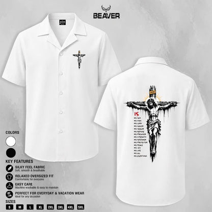 Crucifix Faith Graphic Button-Up Shirt, Religious Cross Print, Unisex Short Sleeve Shirt, Christian Gift