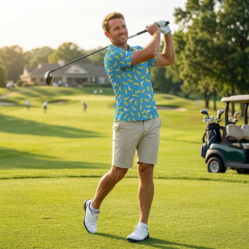 Men’s Athletic Golf Polo 10 – Blue Banana Fruit Pattern Polo Shirt