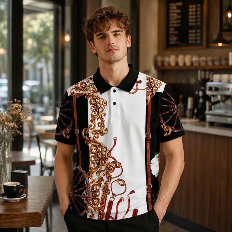 Baroque Ornamental Polo Shirt, Luxury Chain and Strap Print, Men’s Casual Collared Top