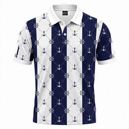 Men’s Nautical Anchor & Helm Polo Shirt – Navy Stripes, Coastal Vibes, Summer Casual Style