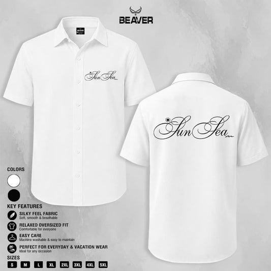 Sun Sea Script Graphic Shirt, Minimalist Coastal Design, Casual Short Sleeve Button Up Shirt