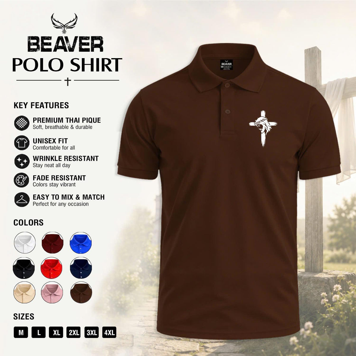 Cross Portrait Graphic Polo Shirt, Vintage Cross Design, Men's Casual Short Sleeve Top