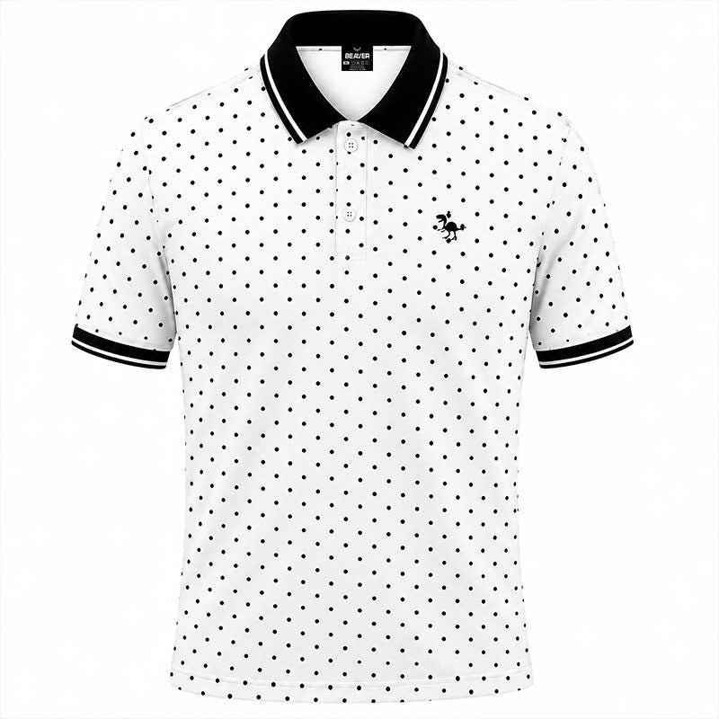 Polka Dot Polo Shirt, Classic Black & White Print, Casual Short Sleeve Collared Shirt