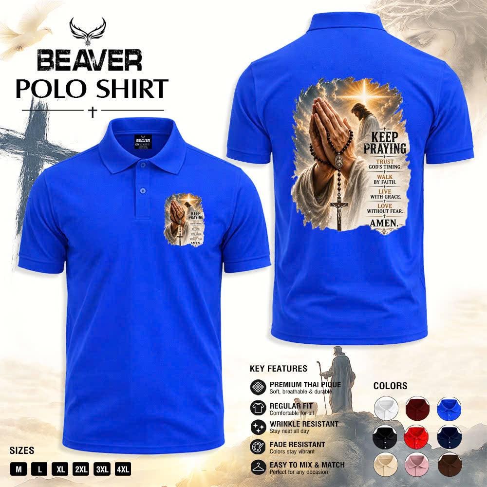 Keep Praying Christian Polo Shirt, Jesus Prayer Cross Graphic, Religious Church & Casual Wear