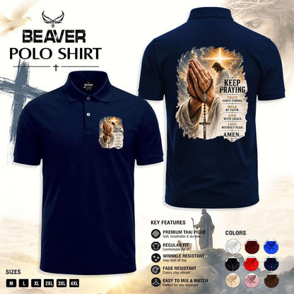 Keep Praying Christian Polo Shirt, Jesus Prayer Cross Graphic, Religious Church & Casual Wear