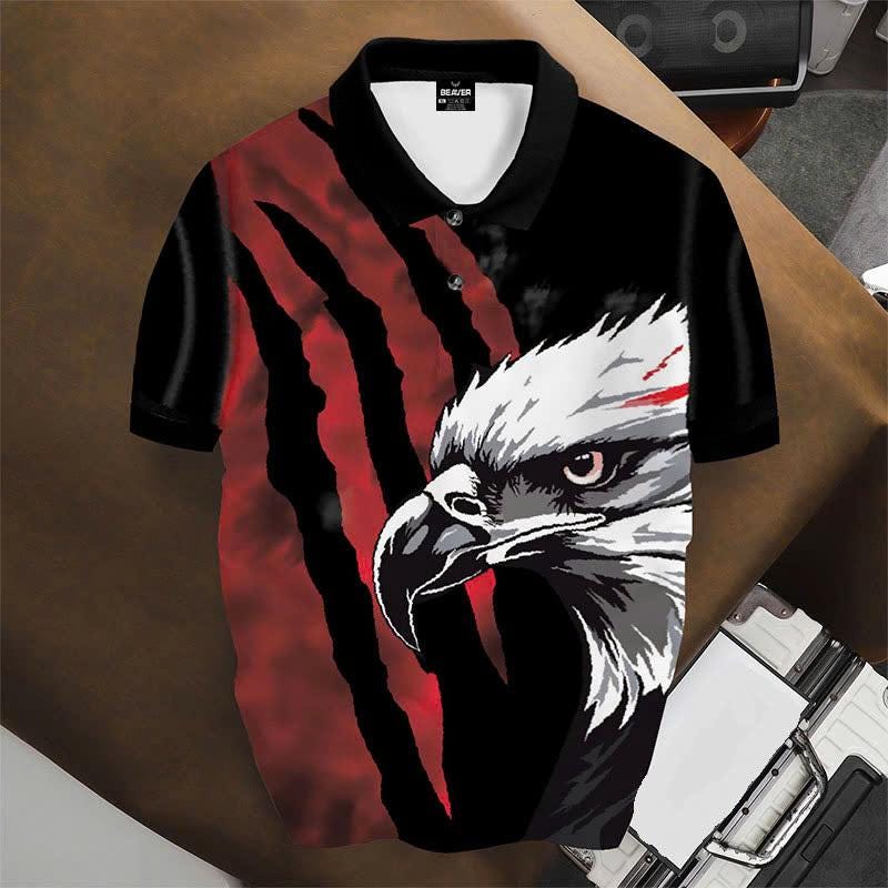 Bald Eagle Graphic Polo Shirt, Red Claw Mark Print, Casual Short Sleeve Collared Shirt