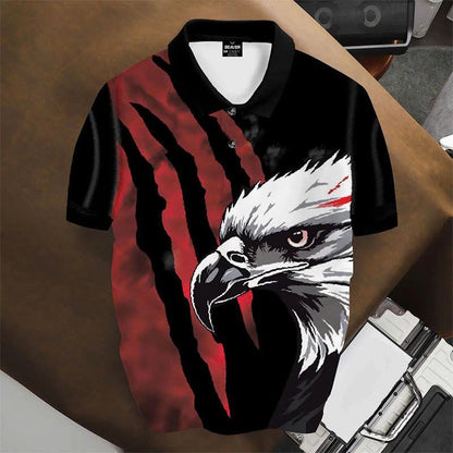 Bald Eagle Graphic Polo Shirt, Red Claw Mark Print, Casual Short Sleeve Collared Shirt