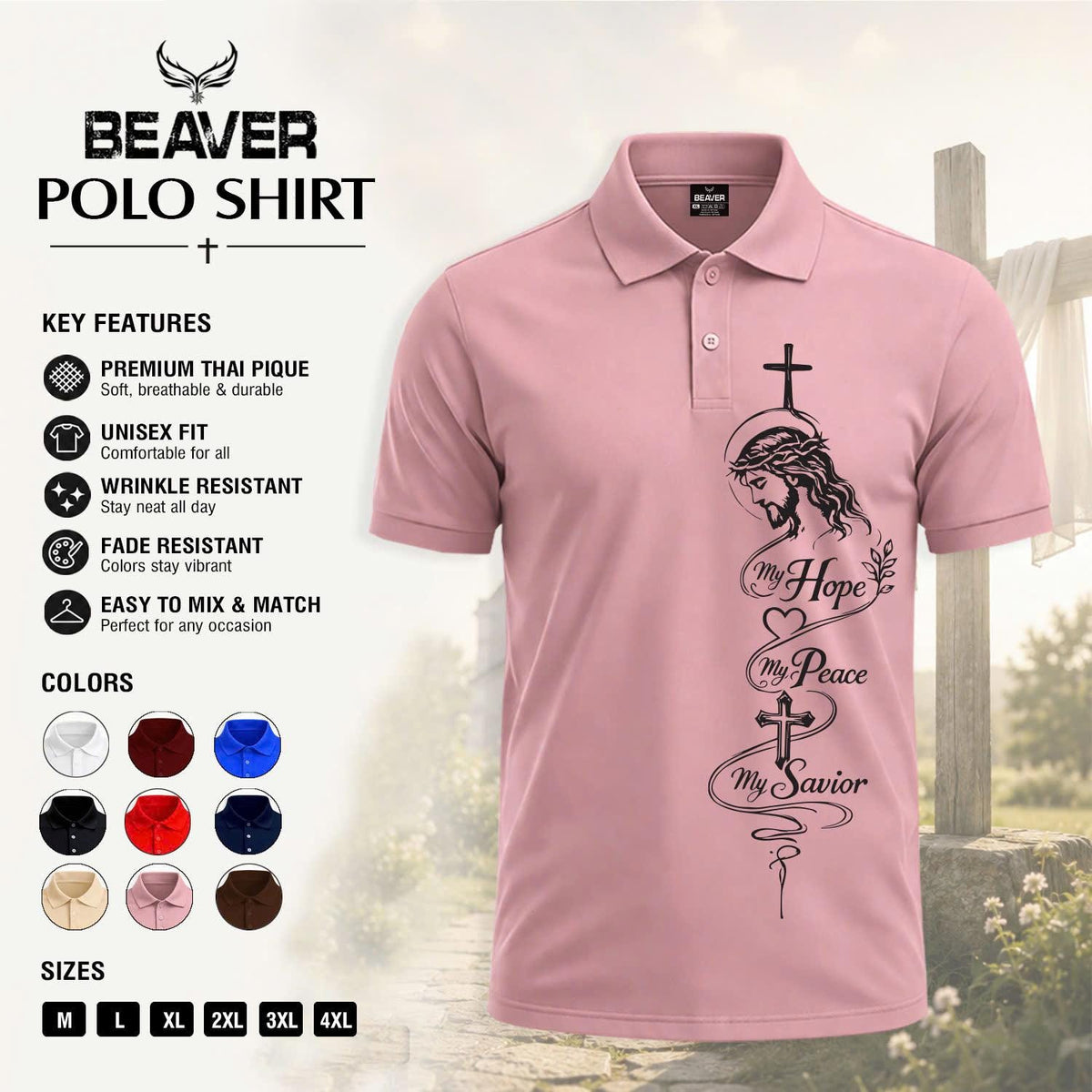 Hope Peace Savior Cross Graphic Polo Shirt, Men's Casual Short Sleeve Top, Christian Design