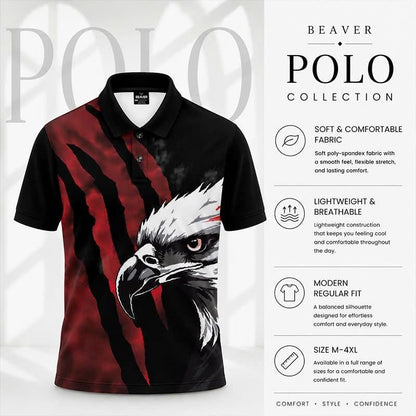 Bald Eagle Graphic Polo Shirt, Red Claw Mark Print, Casual Short Sleeve Collared Shirt
