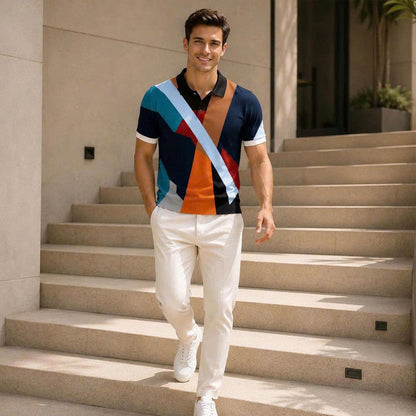 Abstract Geometric Polo Shirt, Color Block Pattern, Modern Art Design, Men's Casual Fashion Top