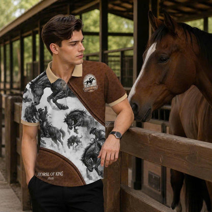 Wild Horse Western Polo Shirt, Cowboy Riding Print, Casual Short Sleeve Collared Shirt