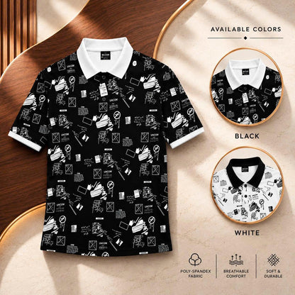 Urban Graffiti Polo Shirt, Black and White Abstract Print, Casual Short Sleeve Collared Shirt