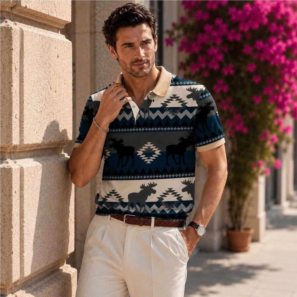 Moose Polo Shirt – Southwestern Tribal Pattern, Rustic Cabin Style